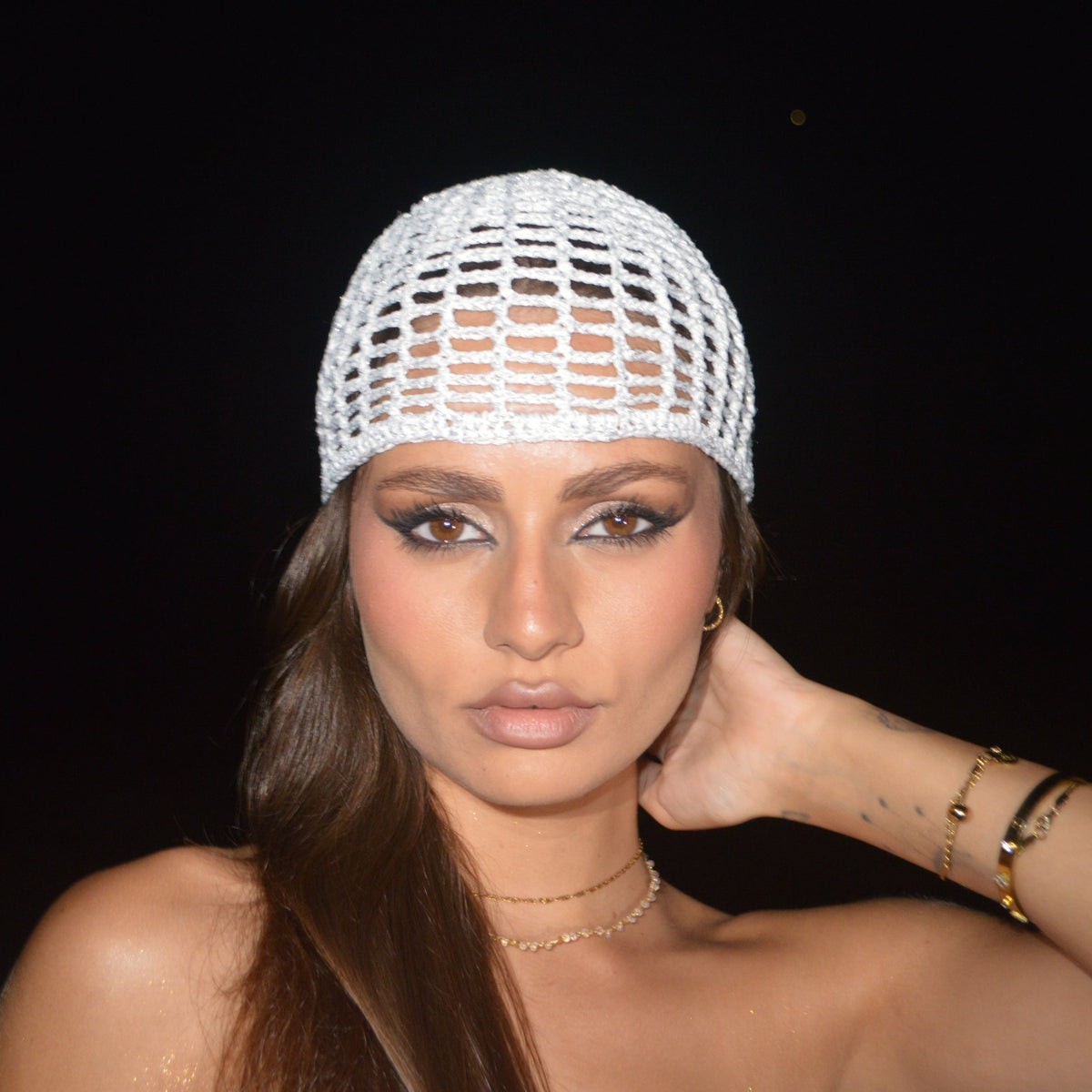 Mesh Crochet Hat –  Ivory Silver